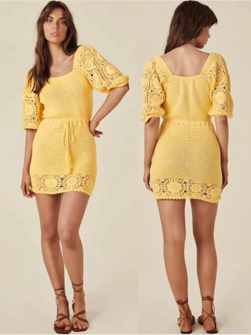 NWT Free People x Spell Let The Sun Shine In Yellow Crochet Mini Knit Dress M